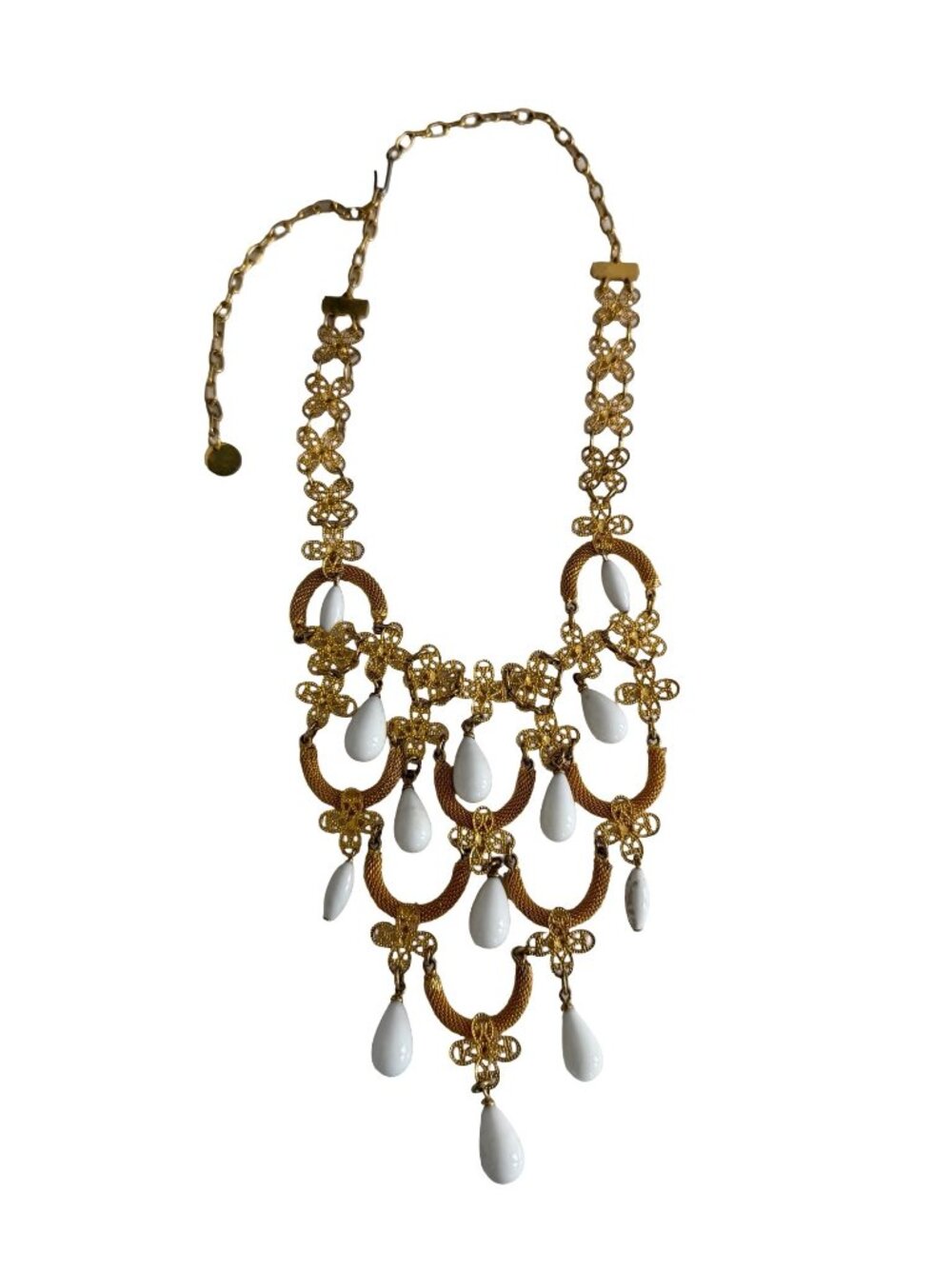 Vintage Gold Tone Filigree Bib Necklace White Teardrop Dangles Statement Necklac
